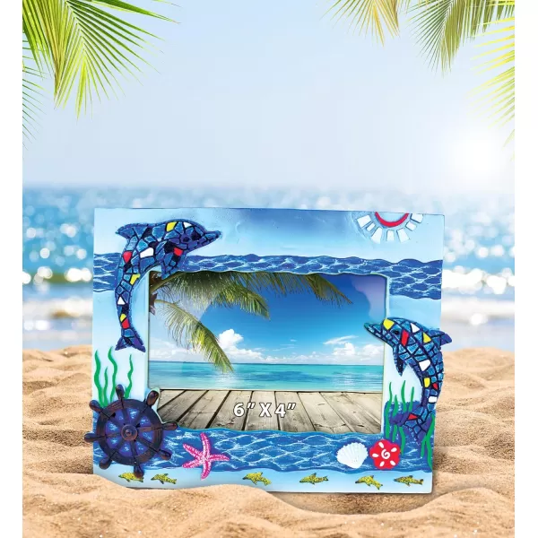 Puzzled Resin Blue Dolphin Mosaic Beach 6x4 Frame  Blue Sculptural Mosaic Photo Frame for Summer Vacation Memory Handmade Tropical Dolphin Nautical Picture Frame for Tabletop or Wall Hang  8 Inche