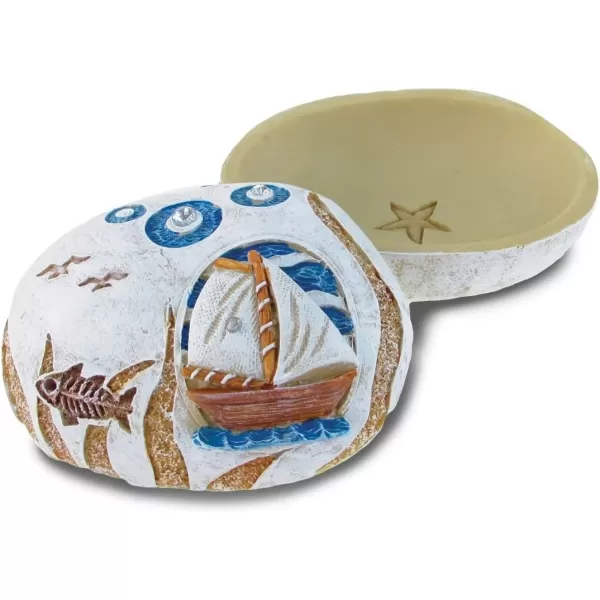 Puzzled Stone Sailboat Small Stone Resin Jewelry ampamp Accessories Organizer Keepsake Box 325quot Removable Lid Round Shaped for Rings Necklaces ampamp Trinkets  Fish Light House Nautical Ocean Home Decor
