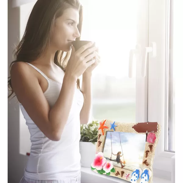 Puzzled Summer Beach Picture Frame  Ocean Picture Frame with Starfish Sandals Flowers and Sand Art Photo Frame Resin Nautical Picture Frame Nautical Themed Decor for Home Office  6x4 Inches
