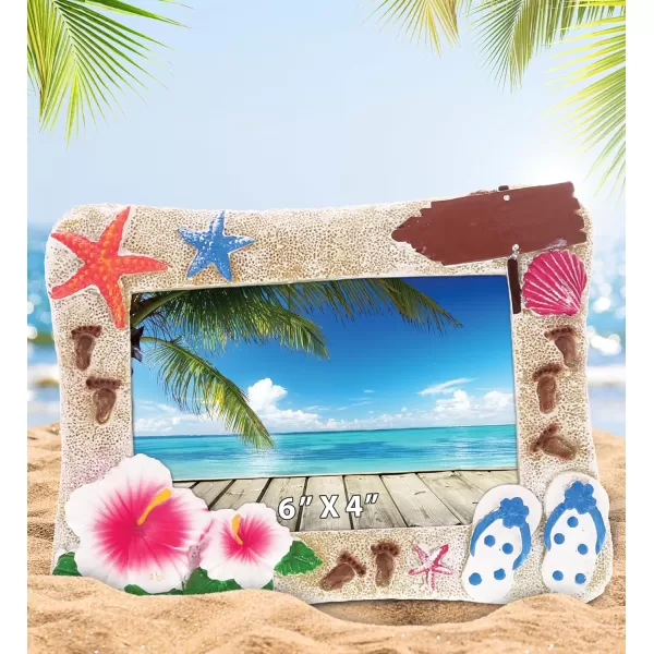 Puzzled Summer Beach Picture Frame  Ocean Picture Frame with Starfish Sandals Flowers and Sand Art Photo Frame Resin Nautical Picture Frame Nautical Themed Decor for Home Office  6x4 Inches