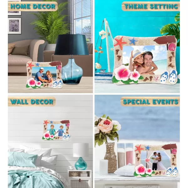 Puzzled Summer Beach Picture Frame  Ocean Picture Frame with Starfish Sandals Flowers and Sand Art Photo Frame Resin Nautical Picture Frame Nautical Themed Decor for Home Office  6x4 Inches