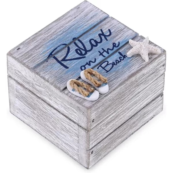 CoTa Global Aqua Sky Relax Wooden Box  Small Handcrafted Nautical Trinket with Sandals and Starfish Decoration Accent Tabletop Home Decor Beach Jewelry Store Organizer