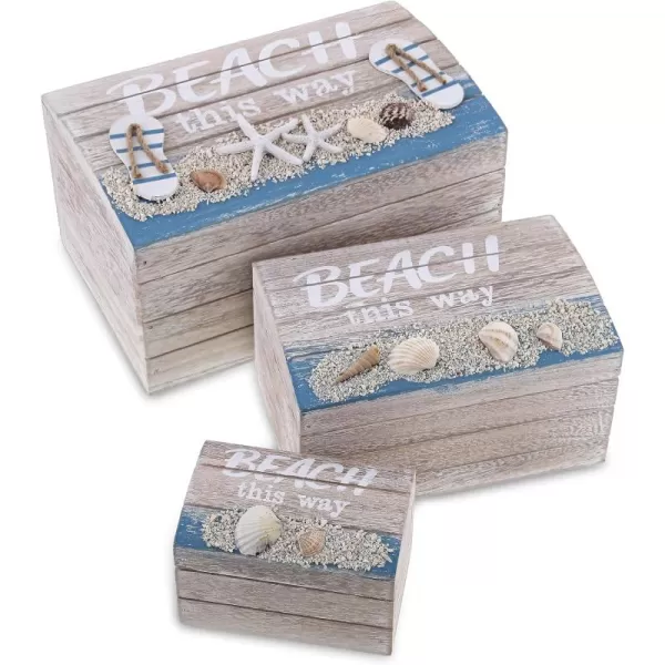 CoTa Global Aqua Sky Wooden Beach Jewelry Box 3 Pcs Set  Handcrafted Nautical Box with Seashells Decorations Tabletop Home Decor Sea Shell Jewelry Storage Organizer Set