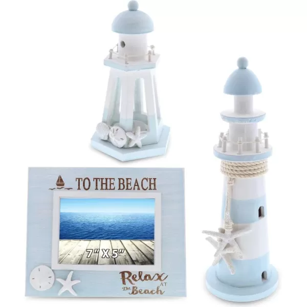 CoTa Global Blue Lagoon Nautical Collection  Handcrafted Blue Wooden Seashell Photo Frame Lighthouse Candle Lantern Holder and Wooden Lighthouse Decoration Set  Handmade Color May Vary  3 Pieces