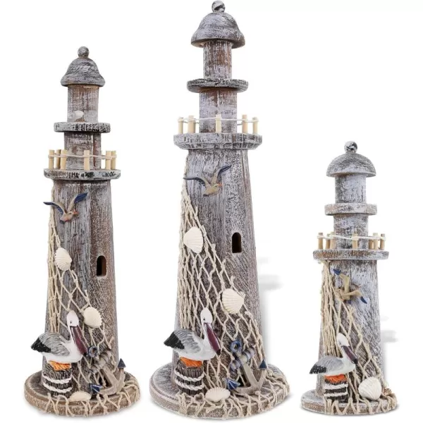 CoTa Global Brown Wooden Lighthouse Collection  Handmade and Crafted Wooden Lighthouse Decoration Nautical Decorative Beach Style Tabletop Centerpiece  3 Pc Set