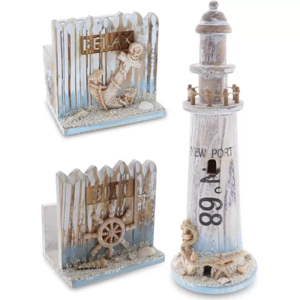 CoTa Global Coastal Horizon Nautical Collection  Handcrafted Wooden Coaster Set Nautical Themed Napkin Holder with Boat Wheel and Wooden Lighthouse Decoration for Tabletop Accent Decor  3 Pieces