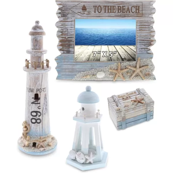 CoTa Global Coastal Horizon Nautical Collection  Handcrafted Wooden Photo Frame Wood Lighthouse Decoration Nautical Jewelry Box Blue Lagoon Candle Lantern Holder Tabletop Accent Decor  4 Pieces