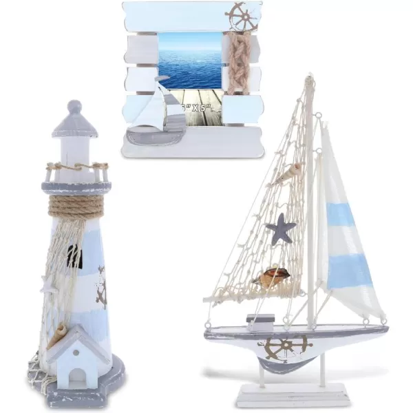 CoTa Global Moonlight Nautical Collection  Handcrafted Distressed Wooden Photo Frame Lighthouse Figure and Boat Decorative Beach Style Tabletop Centerpieces Nautical Themed Decor Set  3 Pieces