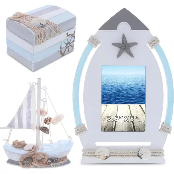 CoTa Global Moonlight Nautical Collection  Handcrafted Jewelry Box Mini Sailboat Model and Boat Photo Frame Decorative Beach Style Tabletop Centerpieces  3 Pieces