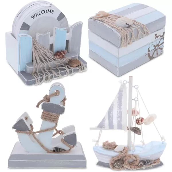 CoTa Global Moonlight Nautical Collection  Handcrafted Wooden Jewelry Box Nautical Coasters Set Anchor Napkin Holder and Mini Sailboat Model Decorations Tabletop Centerpieces Set  4 Pieces