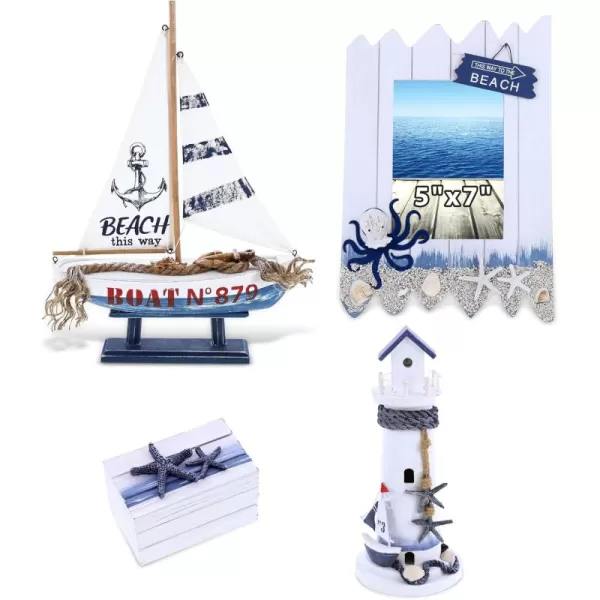CoTa Global Ocean Blue Nautical Collection  Handcrafted Distressed Wooden Sailboat Octopus Photo Frame Light House Jewelry Box  Color May Vary  4 pcs Set