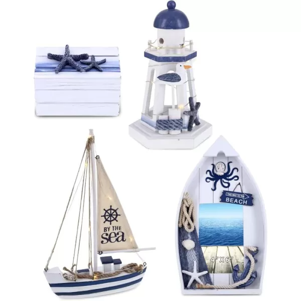 CoTa Global Ocean Blue Nautical Collection  Wooden Sea Boat with LED Light 4x6 Octopus Photo Frame Lighthouse Lantern Candle Holder with Light Centerpiece  Handmade Colors May Vary  4 pcs Set