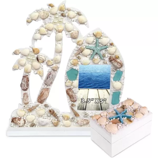 CoTa Global Oceanic Photo Frame and Jewelry Box 2 Pcs Set  Handmade Nautical Palm Tree Photo Frame and Rectangle Jewelry Box for Tabletop Display Home Decor Ornaments  Handmade Color May Vary