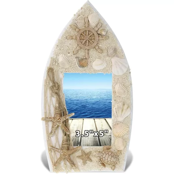 CoTa Global Oceanic Sea Turtle Boat 35X5 Frame  White Wood Seashell Photo Frame for Summer Vacation Memory Handmade Tropical Sand Boat Nautical Picture Frame For Tabletop or Wall Hang  94 InchesBoat Frame 35X5