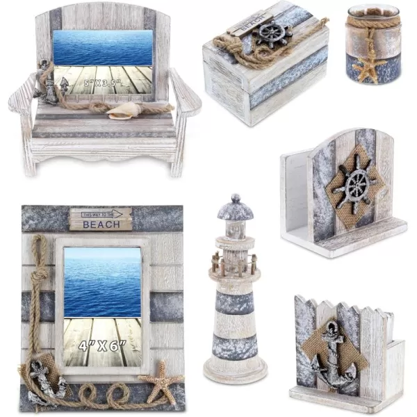CoTa Global Silver Sea Nautical Collection  Handcrafted Distressed Wooden Chair Frame Photo Frame Candle Holder Lighthouse Beach Jewelry Box Decorative Napkin Holder Coasters  7 Pcs Set