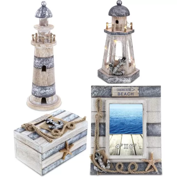 CoTa Global Silver Sea Nautical Collection  Handcrafted Distressed Wooden Chair Frame Seashell Photo Frame Candle Holder Lighthouse Jewelry Box Napkin Holder and Drink Coasters  4 pcs Set