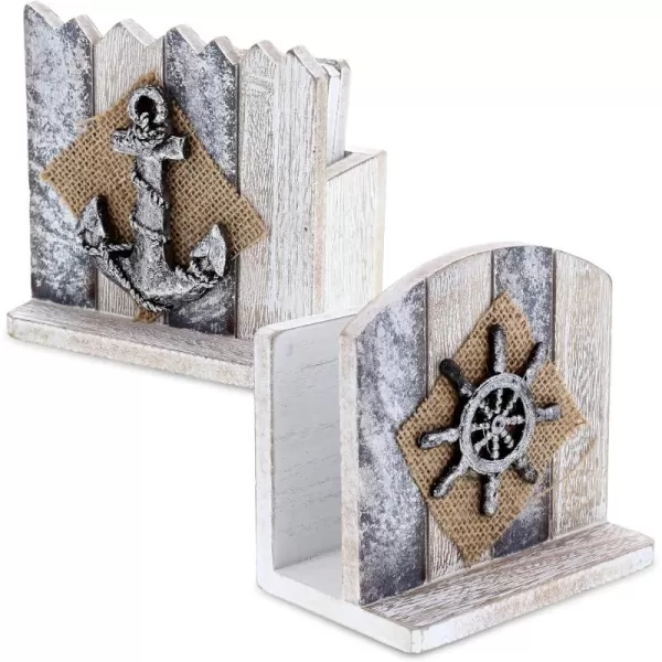 CoTa Global Silver Sea Nautical Wooden Napkin Holder and Coaster  Rustic 4 Coasters with Holder and 1 Napkin Holder with Wheel ampamp Anchor Table Top Coastal Decor  Handmade Colors Vary 2 Pc Set