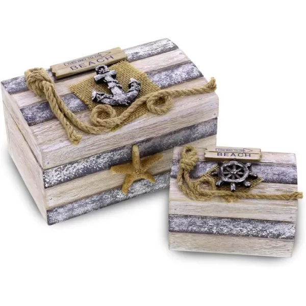 CoTa Global Silver Sea Wooden Jewelry Box 2 Pcs Set  Handcrafted Nautical Trinket with Anchor and Starfish Tabletop Home Decor Beach Sea Shell Jewelry Storage Organizers