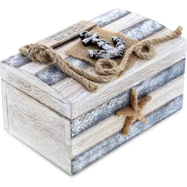 CoTa Global Silver Sea Wooden Jewelry Box  Handcrafted Nautical Trinket with Anchor and Starfish Accent Tabletop Home Decor Jewelry Storage Organizer  Large 7 Inch