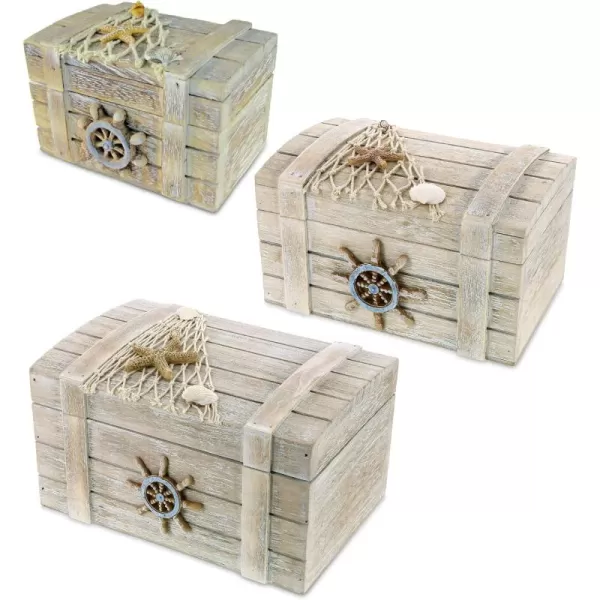 CoTa Global Vintage Wooden Jewelry Box Set  Handcrafted Nautical Trinket with Starfish Decorations Accent Tabletop Home Dcor Beach Jewelry Storage Organizers  3 Pc Set