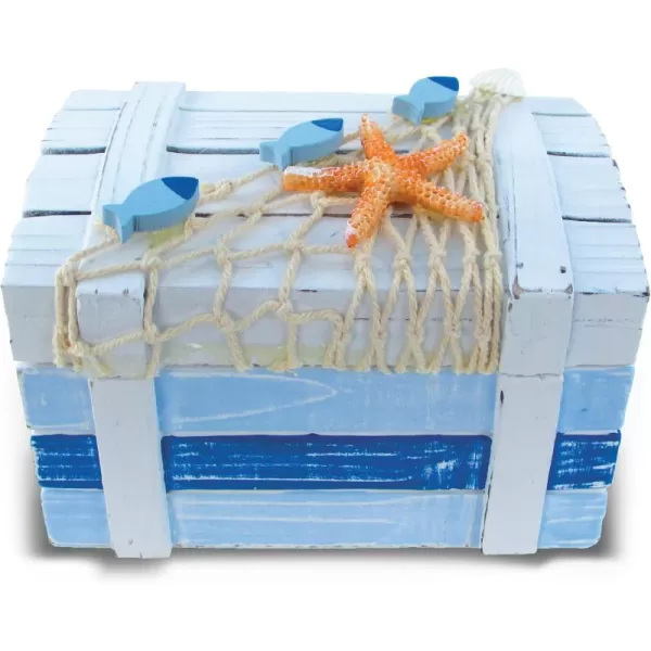 Puzzled CoTa Global Light Blue Stripes Wooden Jewelry Box  Handcrafted Nautical Trinket with Starfish and Fishing Net Decorations Accent Tabletop Decor Jewelry Storage Organizer  6 Inch