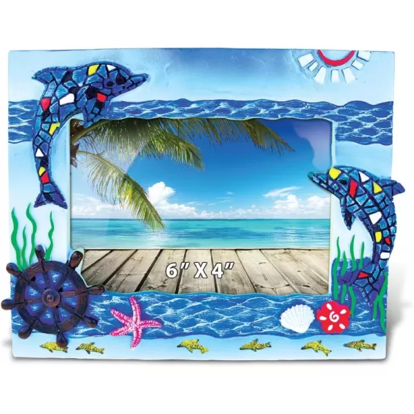 Puzzled Resin Blue Dolphin Mosaic Beach 6x4 Frame  Blue Sculptural Mosaic Photo Frame for Summer Vacation Memory Handmade Tropical Dolphin Nautical Picture Frame for Tabletop or Wall Hang  8 Inche