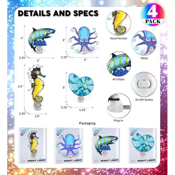 CoTa Global Ocean Life Night Light  Sea Horse Shell Octopus Shark Home Decor Wall Plug in Night Lights with Switch Decorative Metal Glass Nightlights  4 Pcs Set