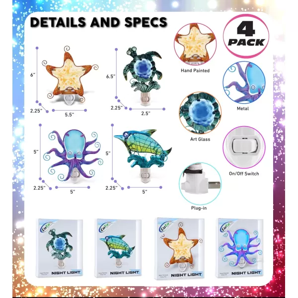 CoTa Global Ocean Life Night Lights  Dolphin Sea Turtle Starfish Octopus Home Decor Wall Plug in Night Lights with Switch Handmade Metal Glass Nightlights  4 Pcs Set