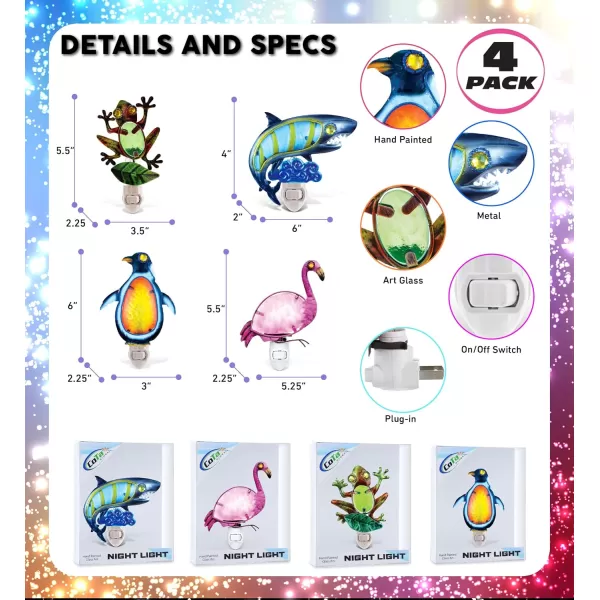 CoTa Global Ocean Life Night Lights  Frog Flamingo Shark and Penguin Home Dcor Wall Plug in Night Lights with Switch Decorative Hand Made Metal Glass Nightlights for Home  4 PIeces Pack