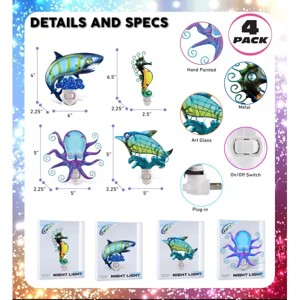 CoTa Global Ocean Life Night Lights  Sea Horse Dolphin Shark Octopus Home Decor Wall Plug in Night Lights with Switch Decorative Metal Glass Nightlights for Bathroom Bedroom  4 Pcs Set