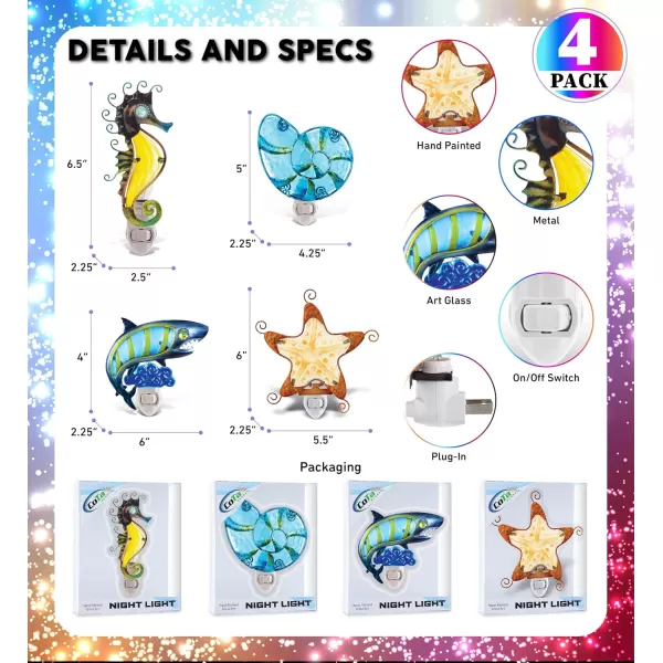 CoTa Global Ocean Life Night Lights  Sea Horse Shell Shark and Starfish Home Decor Wall Plug in Night Lights with Switch Decorative Hand Made Metal Glass Nightlights for Home  4 Pcs Set