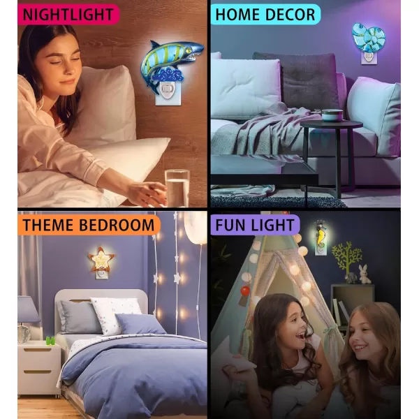 CoTa Global Ocean Life Night Lights  Sea Horse Shell Shark and Starfish Home Decor Wall Plug in Night Lights with Switch Decorative Hand Made Metal Glass Nightlights for Home  4 Pcs Set
