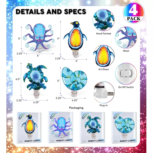 CoTa Global Ocean Life Night Lights  Sea Turtle Seashell Penguin and Octopus Home Dcor Wall Plug in Night Lights with Switch Decorative Hand Made Metal Glass Nightlights for Home  4 Pack