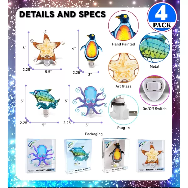 CoTa Global Ocean Life Night Lights Set  Dolphin Penguin Starfish and Octopus Home Decor Wall Plug in Night Lights with Switch Decorative Hand Made Metal Glass Nightlights for Home  4 Pack