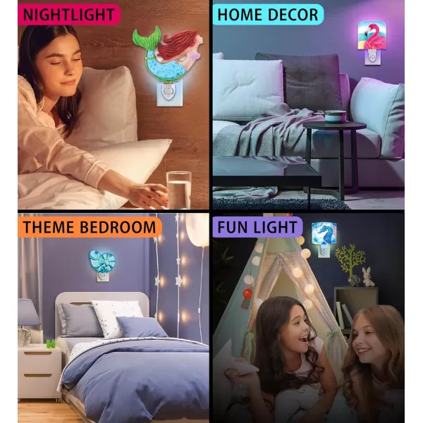 CoTa Global Ocean Life Night Lights  Shell Flamingo Mermaid Sea Horse Home Decor Wall Plug in Night Lights with Switch Decorative Metal Glass Nightlights for Bathroom Bedroom  4 Pcs Set