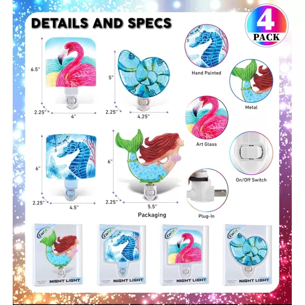 CoTa Global Ocean Life Night Lights  Shell Flamingo Mermaid Sea Horse Home Decor Wall Plug in Night Lights with Switch Decorative Metal Glass Nightlights for Bathroom Bedroom  4 Pcs Set