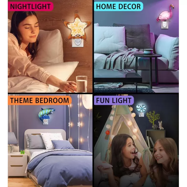 CoTa Global Ocean Life Night Lights  Shell Flamingo Shark and Starfish Home Dcor Wall Plug in Night Lights with Switch Decorative Hand Made Metal Glass Nightlights for Home  4 Pieces Pack