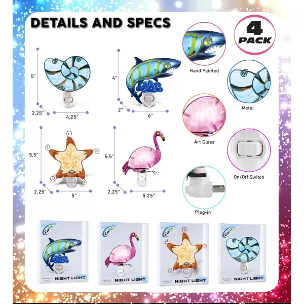 CoTa Global Ocean Life Night Lights  Shell Flamingo Shark and Starfish Home Dcor Wall Plug in Night Lights with Switch Decorative Hand Made Metal Glass Nightlights for Home  4 Pieces Pack