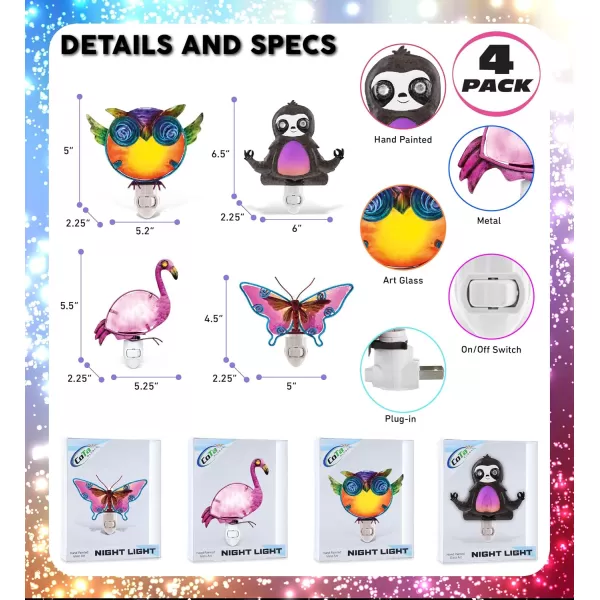 CoTa Global Wildlife Nightlights  Butterfly Owl Flamingo Sloth Home Decor Wall Plug in Night Lights with Switch Decorative Metal Glass Nightlights for Bathroom Kitchen Bedroom  4 Pcs Set
