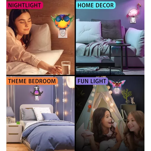 CoTa Global Wildlife Nightlights  Butterfly Owl Flamingo Sloth Home Decor Wall Plug in Night Lights with Switch Decorative Metal Glass Nightlights for Bathroom Kitchen Bedroom  4 Pcs Set