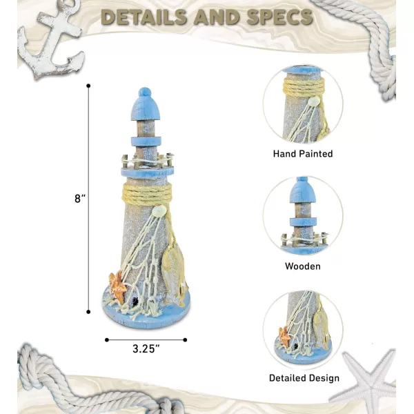 Puzzled COTA Global Pacific Lighthouse Decor  Handmade and Crafted Wooden Lighthouse Decoration with Fish and Starfish Decorative Beach Style Tabletop Centerpiece  8 Inches