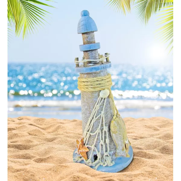 Puzzled COTA Global Pacific Lighthouse Decor  Handmade and Crafted Wooden Lighthouse Decoration with Fish and Starfish Decorative Beach Style Tabletop Centerpiece  8 Inches