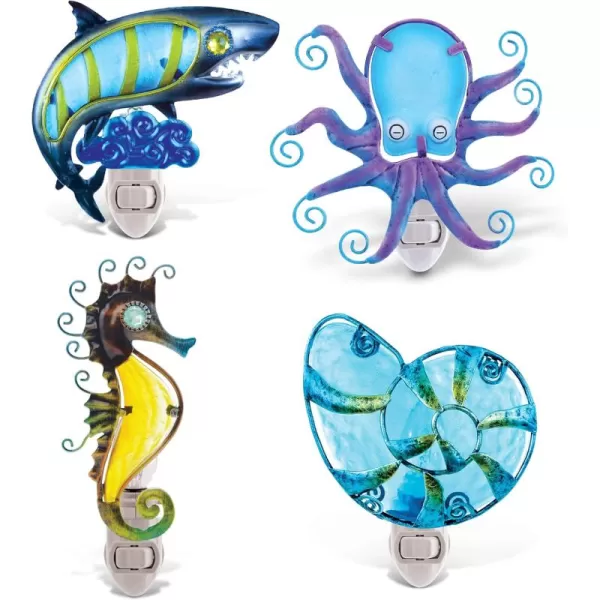 CoTa Global Ocean Life Night Light  Sea Horse Shell Octopus Shark Home Decor Wall Plug in Night Lights with Switch Decorative Metal Glass Nightlights  4 Pcs Set