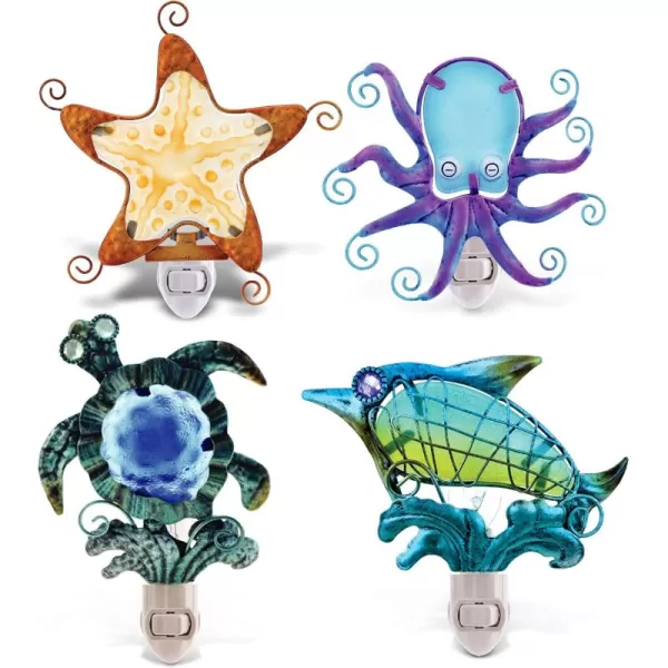 CoTa Global Ocean Life Night Lights  Dolphin Sea Turtle Starfish Octopus Home Decor Wall Plug in Night Lights with Switch Handmade Metal Glass Nightlights  4 Pcs Set