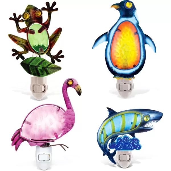 CoTa Global Ocean Life Night Lights  Frog Flamingo Shark and Penguin Home Dcor Wall Plug in Night Lights with Switch Decorative Hand Made Metal Glass Nightlights for Home  4 PIeces Pack