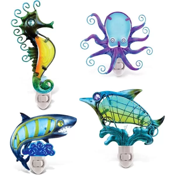 CoTa Global Ocean Life Night Lights  Sea Horse Dolphin Shark Octopus Home Decor Wall Plug in Night Lights with Switch Decorative Metal Glass Nightlights for Bathroom Bedroom  4 Pcs Set