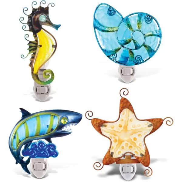 CoTa Global Ocean Life Night Lights  Sea Horse Shell Shark and Starfish Home Decor Wall Plug in Night Lights with Switch Decorative Hand Made Metal Glass Nightlights for Home  4 Pcs Set