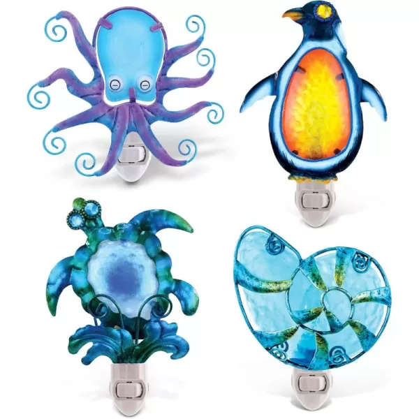 CoTa Global Ocean Life Night Lights  Sea Turtle Seashell Penguin and Octopus Home Dcor Wall Plug in Night Lights with Switch Decorative Hand Made Metal Glass Nightlights for Home  4 Pack