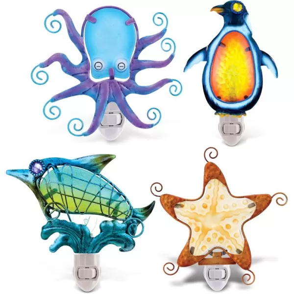 CoTa Global Ocean Life Night Lights Set  Dolphin Penguin Starfish and Octopus Home Decor Wall Plug in Night Lights with Switch Decorative Hand Made Metal Glass Nightlights for Home  4 Pack
