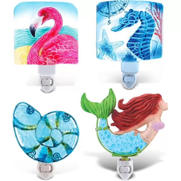 CoTa Global Ocean Life Night Lights  Shell Flamingo Mermaid Sea Horse Home Decor Wall Plug in Night Lights with Switch Decorative Metal Glass Nightlights for Bathroom Bedroom  4 Pcs Set